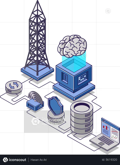 Internet network radar tower and data server  Illustration