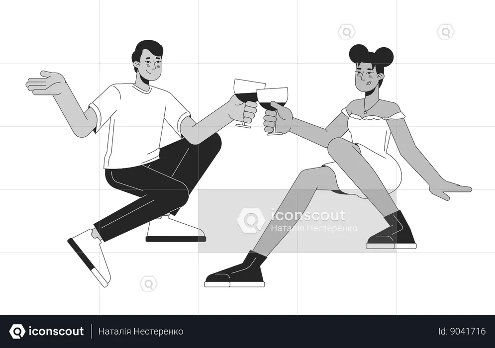 Interracial couple glasses clinkings  Illustration