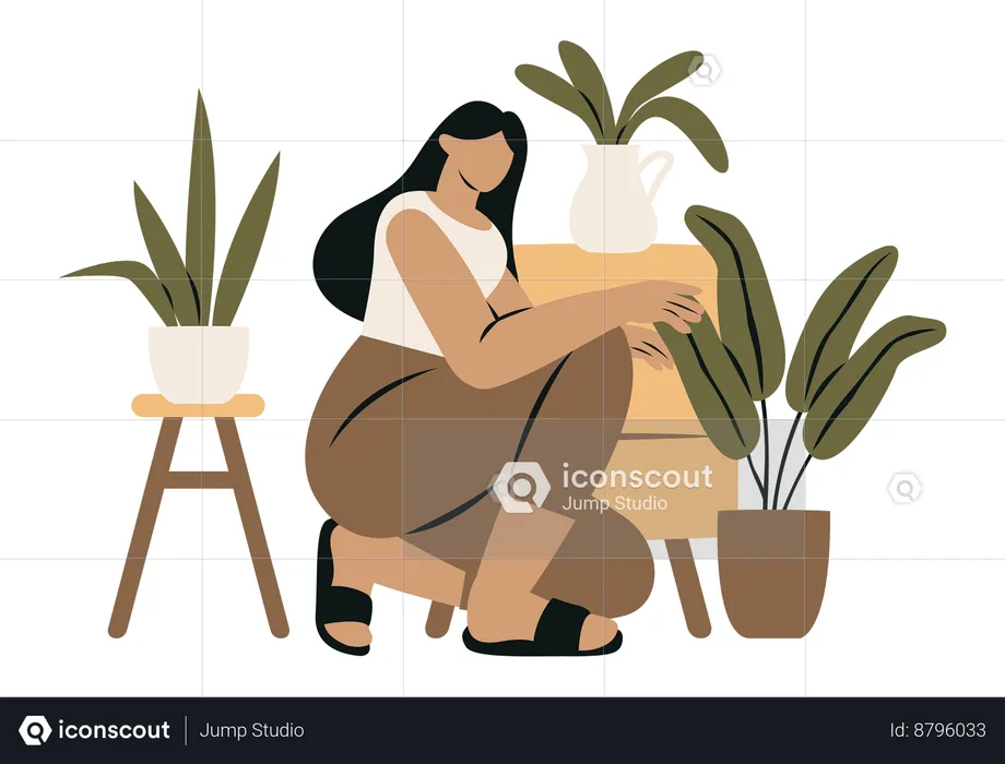 Introverted Woman and Plants  Illustration