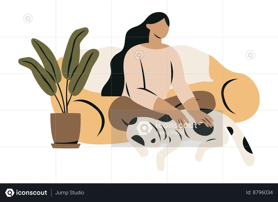 Introverted Woman Playing with Dog  Illustration