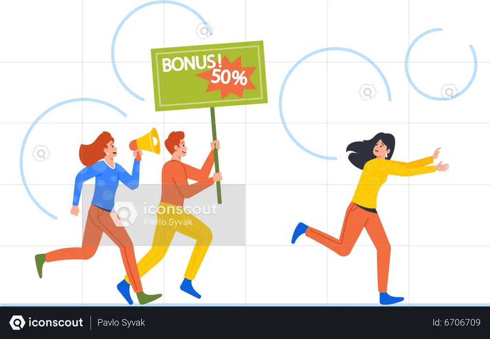 Intrusive Sellers Characters with Announcement Promotional Banners Chase Buyer  Illustration