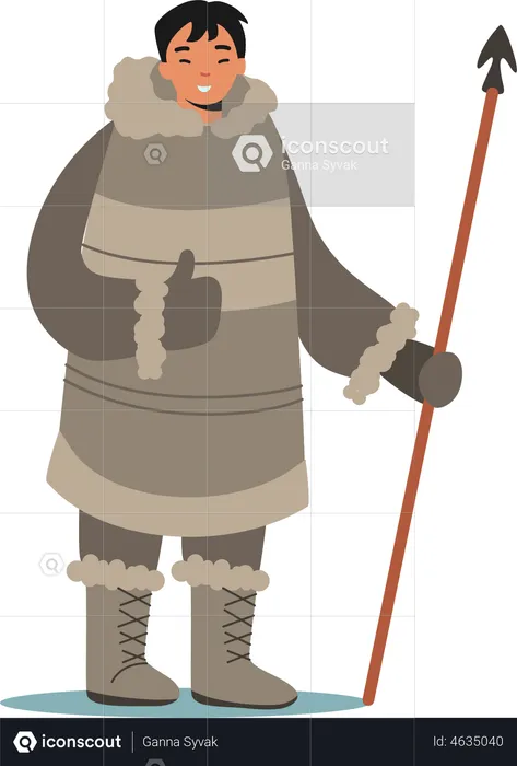 Inuit Hunter Wearing Traditional Clothes  Illustration