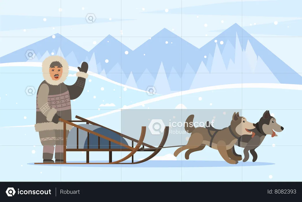 Inuit person traveling sleds Husky Dogs  Illustration