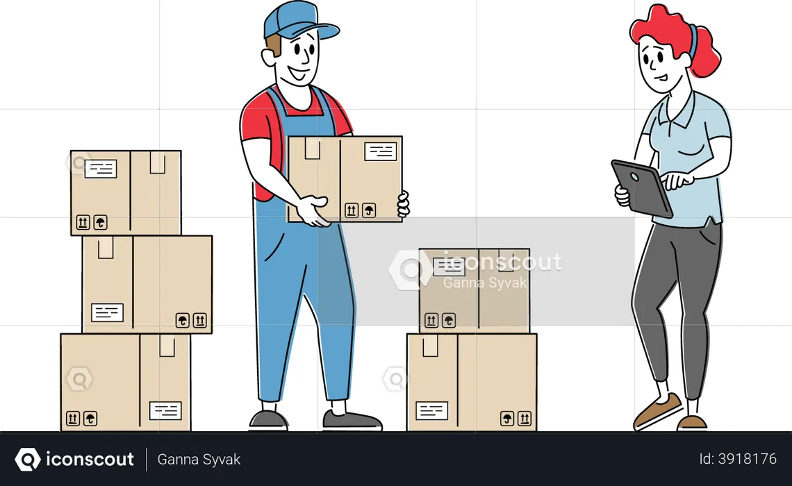 Inventory Manager Accounting Goods Lying in Carton Boxes on Rack in Warehouse  Illustration