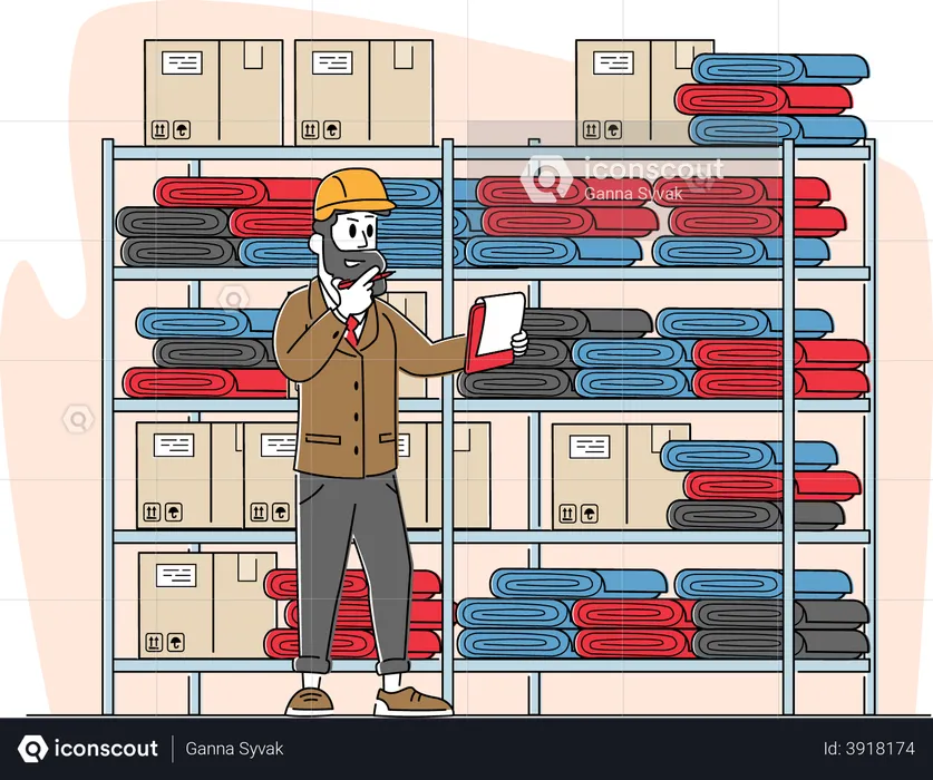 Inventory Manager Male Character Work in Warehouse with Stacks of Carton Boxes Checking List of Goods for Distribution  Illustration