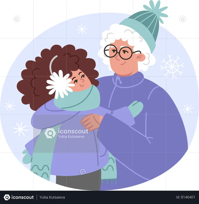 Avó e neta do retrato de família do inverno  Ilustração