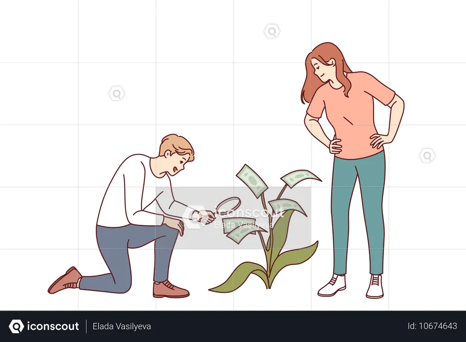 Inversión familiar de un hombre y una mujer que cultivan juntos un árbol de dinero para ahorrar para la luna de miel  Ilustración