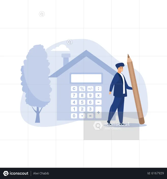 Inversor inmobiliario calculando la hipoteca  Ilustración