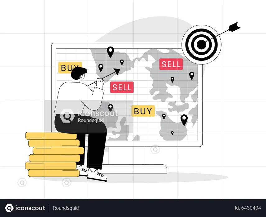 Investidor global masculino negociando on-line para atingir a meta  Ilustração