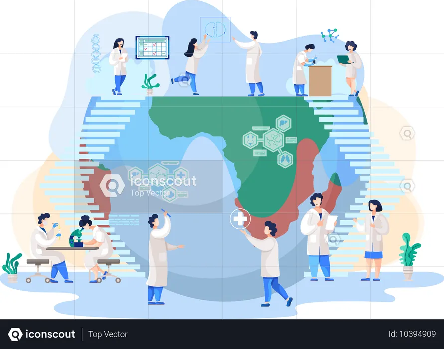 Investigadores químicos con equipo de laboratorio.  Ilustración