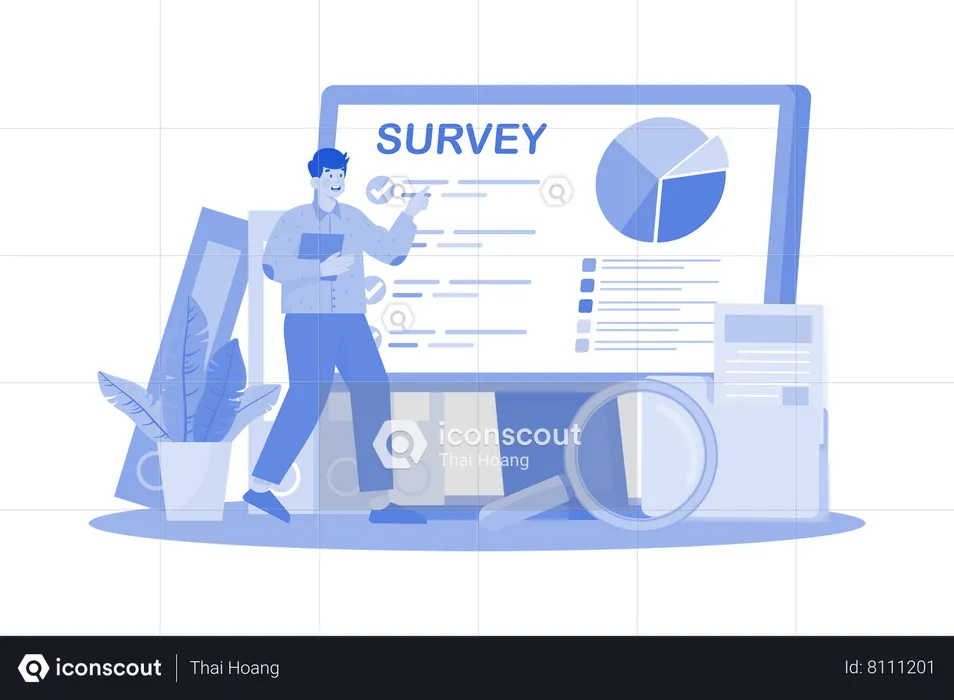 Investigadores que recopilan datos a través de encuestas en línea  Ilustración