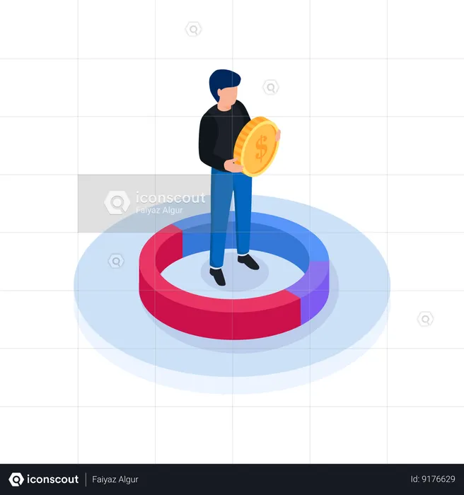 Investisseur masculin détenant une pièce d'un dollar  Illustration