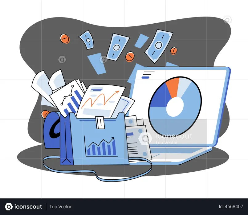 Investment portfolio with dollars or currency, buy or sell trading, market exchange value concept  Illustration