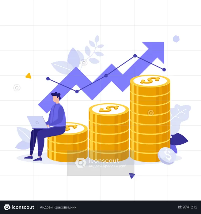 Investor sitzt auf Münzstapel unter steigendem Pfeil  Illustration