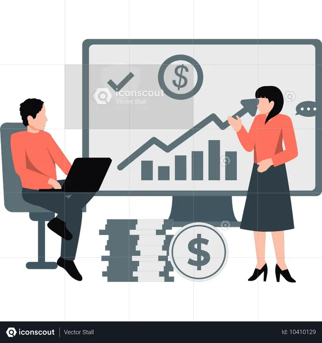 Investors discuss about rise in business graphs  Illustration