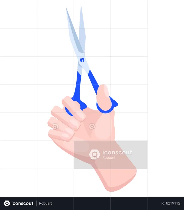 Iron scissors in human hand with blue blue plastic handle  Illustration