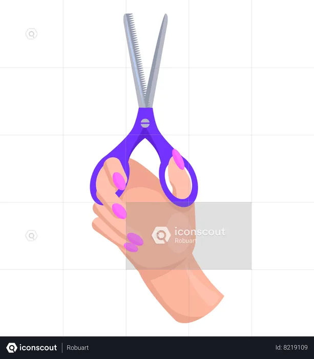 Iron scissors in human hand with blue plastic handle  Illustration