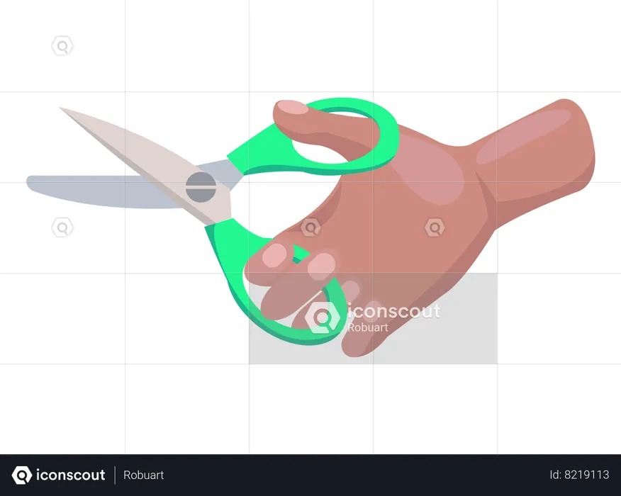 Iron scissors in human hand with green plastic handle  Illustration