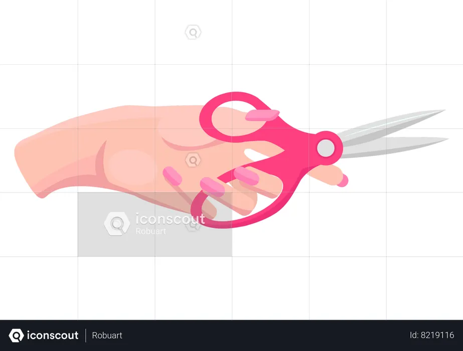 Iron scissors in human hand with pink plastic handle  Illustration