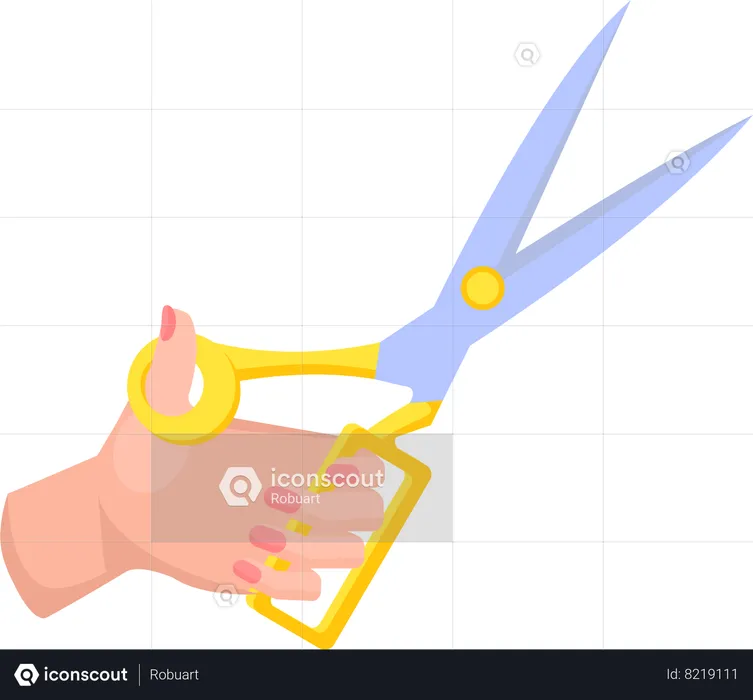 Iron scissors in human hand with yellow plastic handle  Illustration