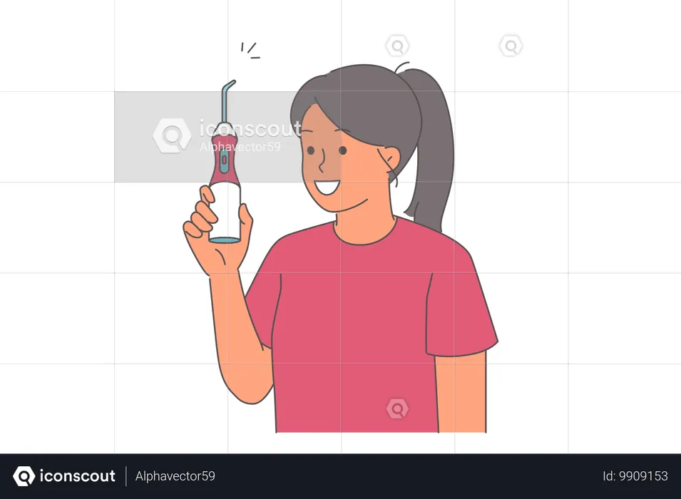 Irrigator for cleaning teeth in hands of woman demonstrating snow-white smile and showing off device  Illustration