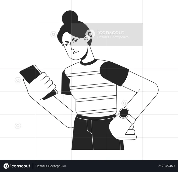 Irritated grumpy woman looking at phone  Illustration