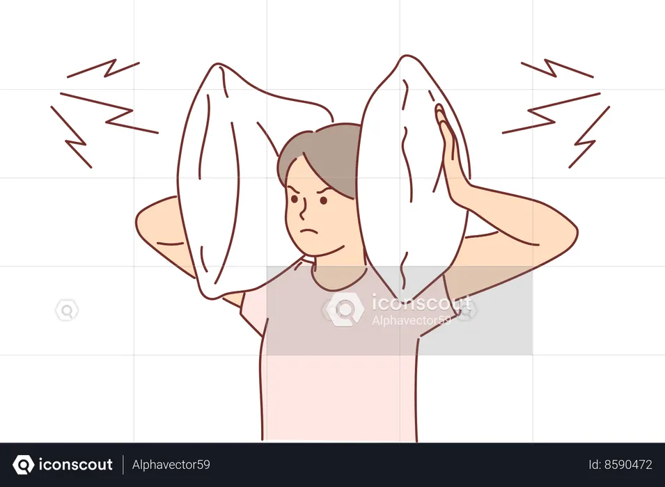 Irritated woman covers ears with pillow  Illustration