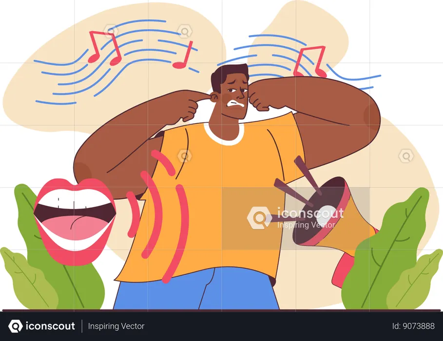 Irritating Man blocking ears and does not want to listen to music  Illustration