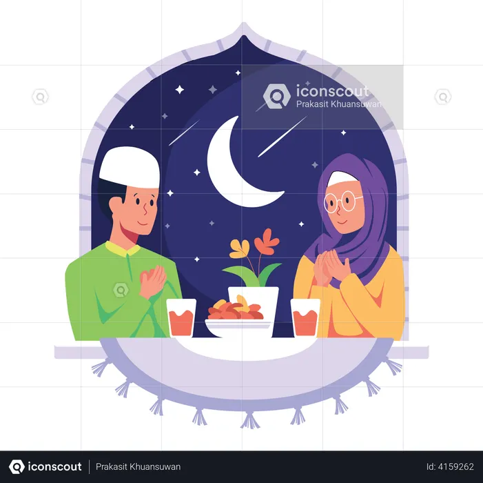 Família islâmica comendo iftar do Ramadã  Ilustração