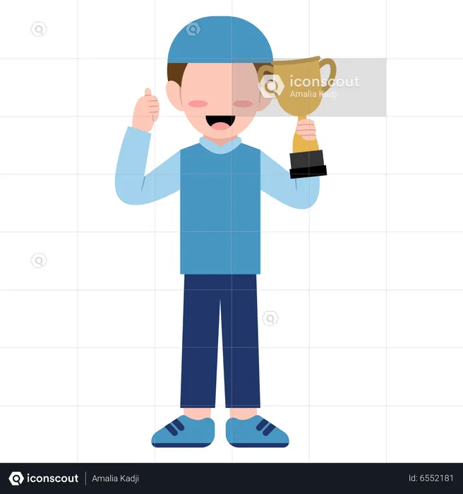 Islamic boy showing thumb up and trophy  Illustration