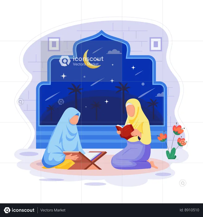 Islamic girls are reading Quran  Illustration