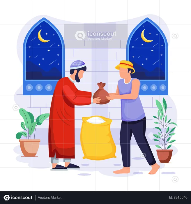 Islamic man is giving food donation  Illustration