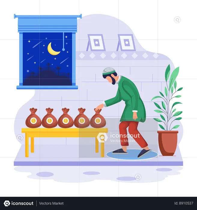 Islamic man is preparing donation bags  Illustration