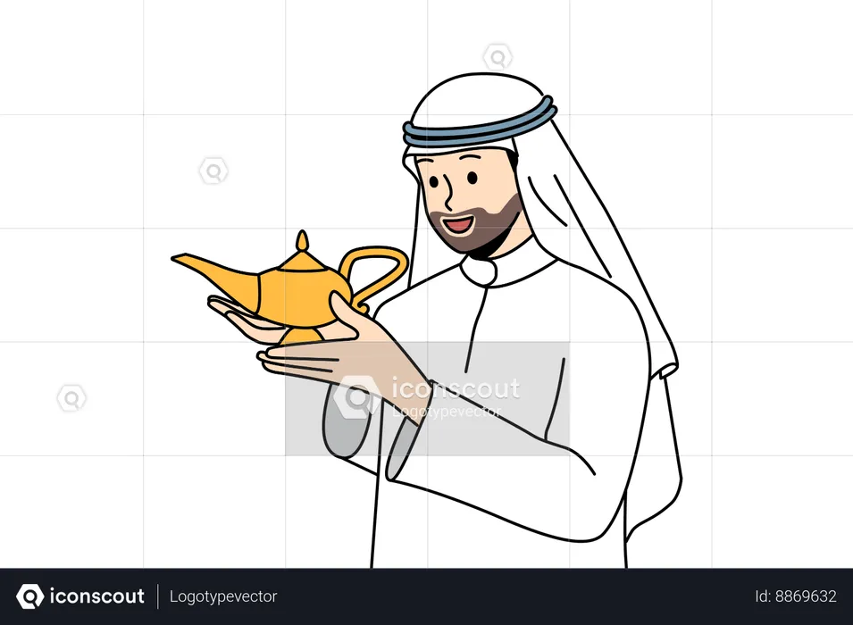 Islamic man rubs antique lamp  Illustration