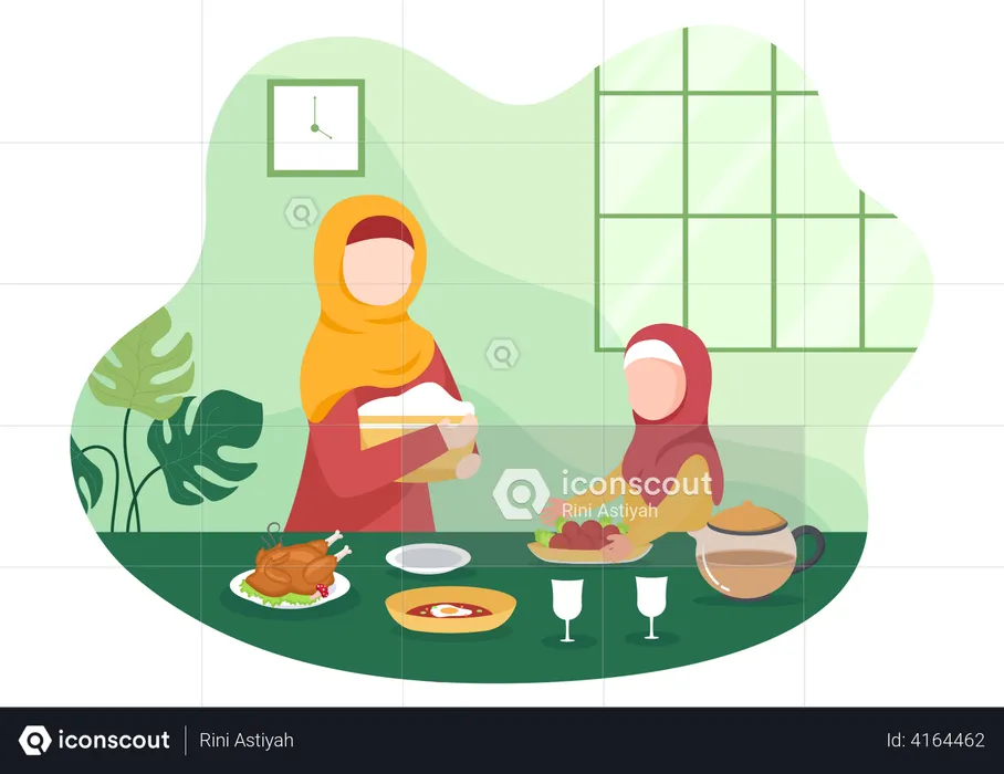 Islamic mother and girl eating  Illustration