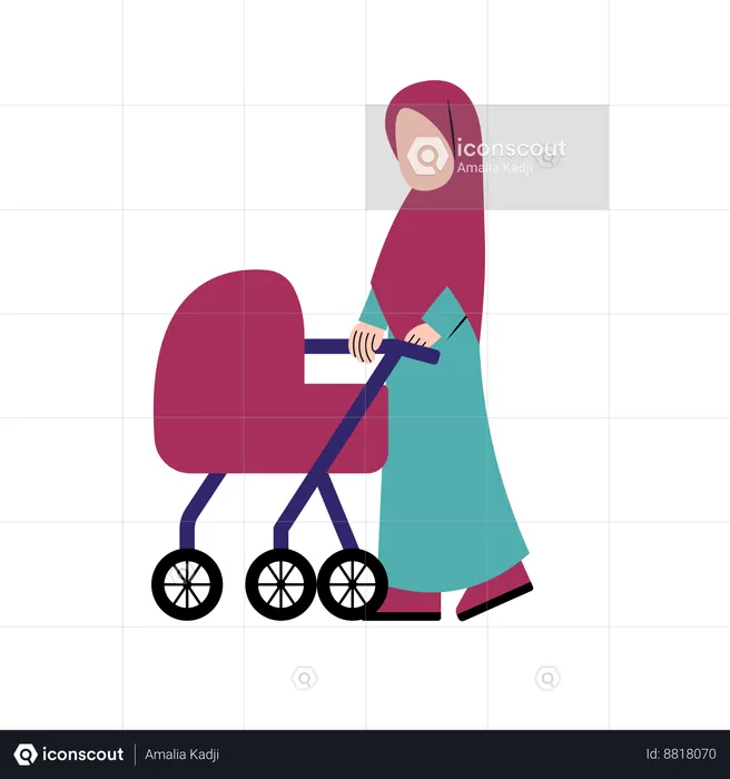 Islamic Mother With Baby Stroller  Illustration