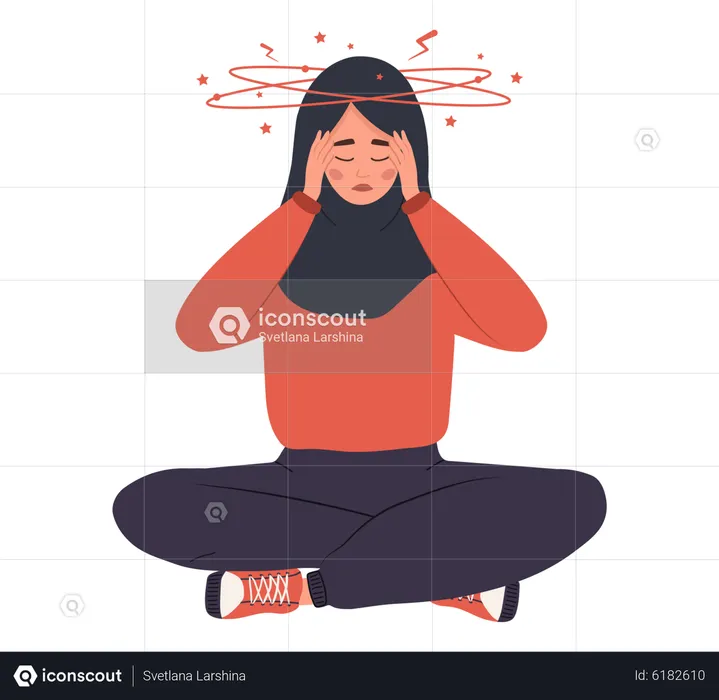 Islamic woman feeling headache due to anemia  Illustration