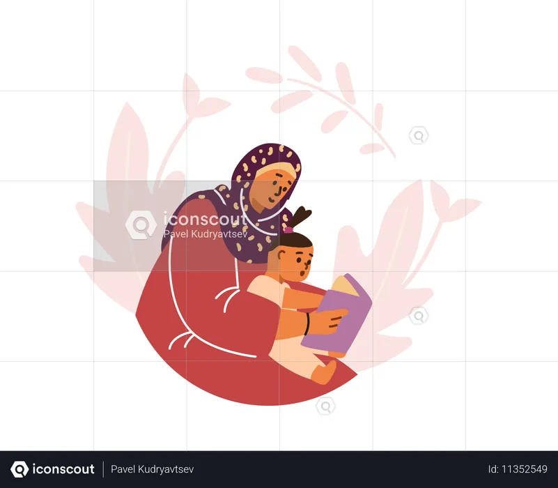 Islamic woman in hijab reading book while holding baby  Illustration