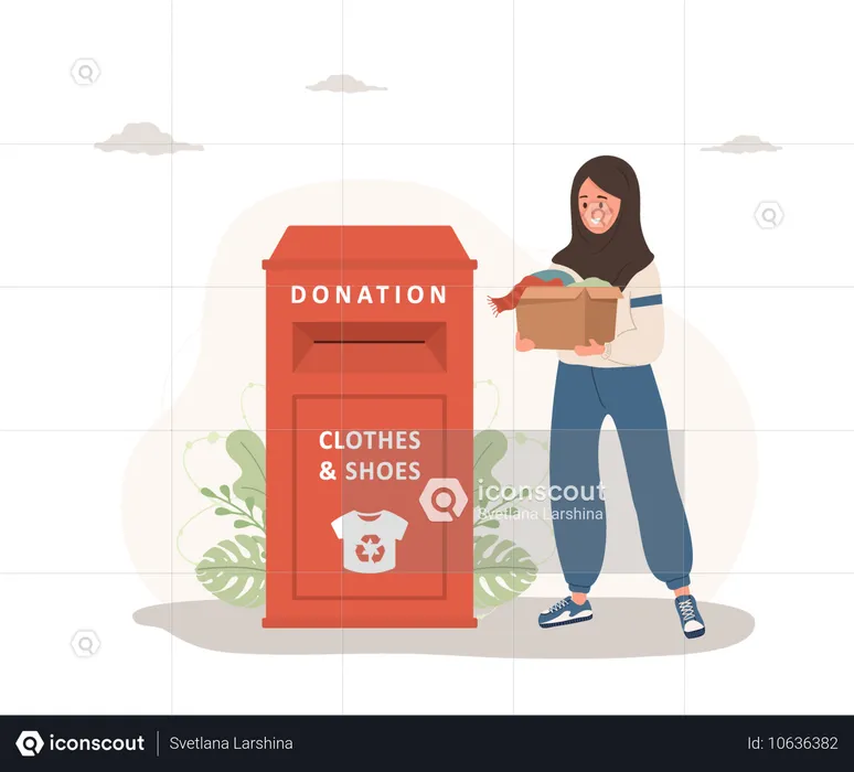 Islamic woman with cardboard box gives things for recycling or donated  Illustration