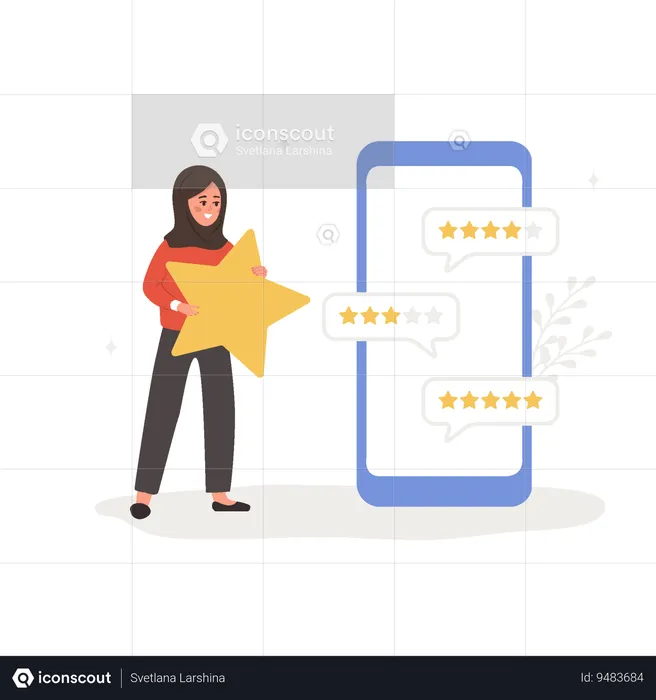 Islamic woman with huge star standing near big smartphone and reading testimonials  Illustration