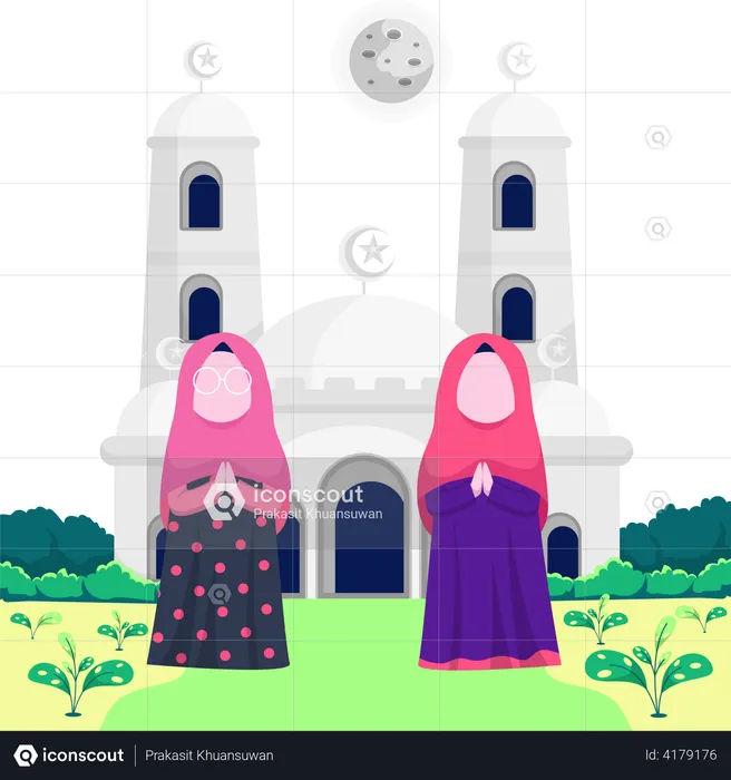 Islamic women praying at a mosque  Illustration