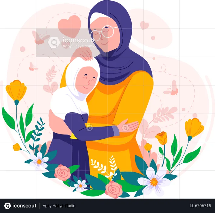 Mãe muçulmana islâmica Hijab abraçando sua filha  Ilustração