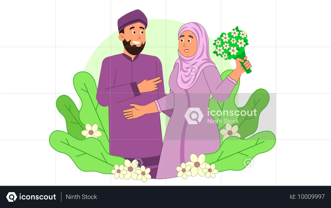 Islamische Braut hält Blumenstrauß im Stehen mit Bräutigam  Illustration