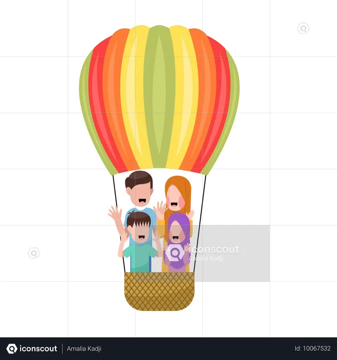 Islamische Familie reitet im Heißluftballon  Illustration