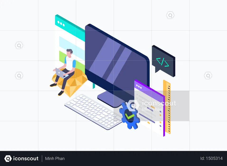 Isometric concept of Developing programming and coding technologies.  Illustration