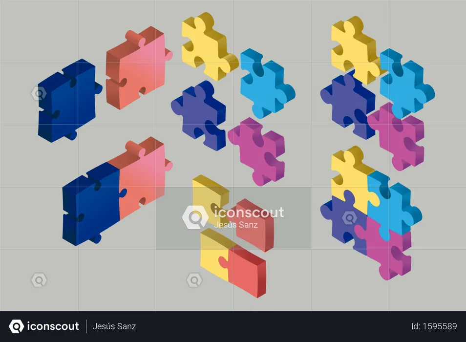 Isometric Puzzle Pieces floating in the air: Cooperation and solution concept  Illustration