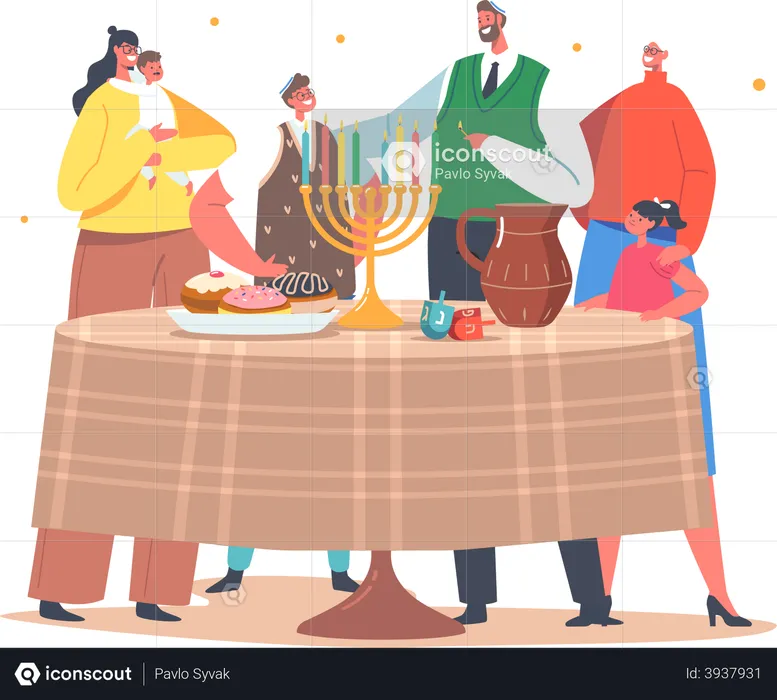 Israel Family Celebrate Hanukkah Holiday  Illustration