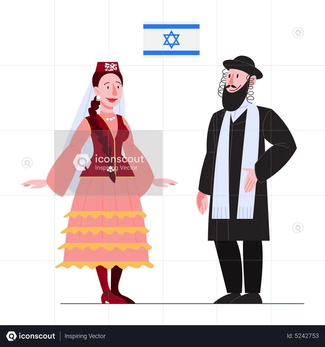 Israelischer Staatsbürger in Nationaltracht mit Flagge  Illustration