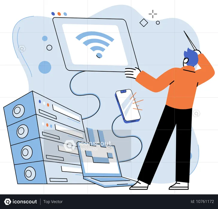 IT employee installing program while Ensuring regular operation of computer equipment  Illustration