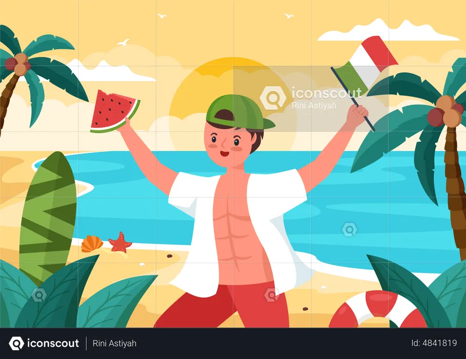 Italian boy holding watermelon slice and Italian flag  Illustration